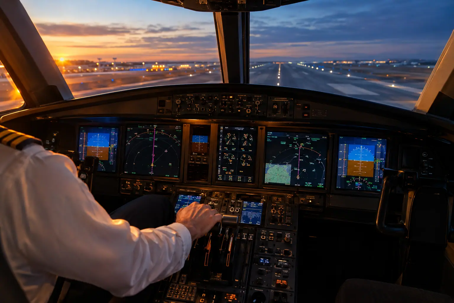 Business jet cockpit before departure